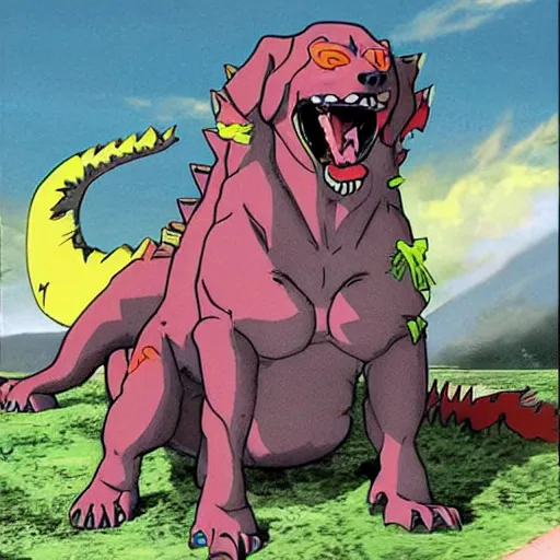 Image similar to a dog bigger than the mount everest fighting neon genesis godzilla with nunchakus