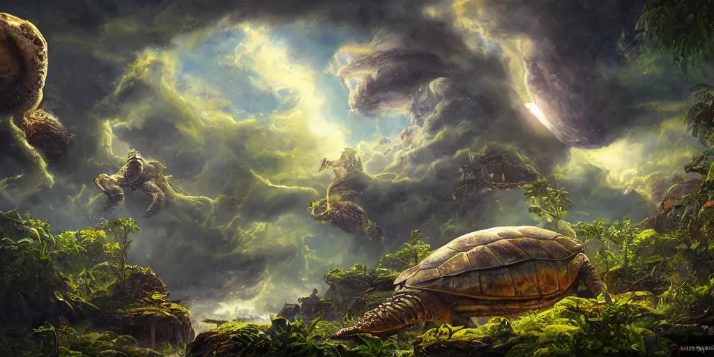 Image similar to fantasy oil painting, klattu spacecraft, outer worlds, great leviathan, turtle cephalopod terrapin reptilian pachyderm amphibian hybrid, rainforest mountains, lush plants flowers, epic natural light, bright clouds, luminous sky, bright cinematic key lighting, michael cheval, michael whelan, vray, 8 k hd