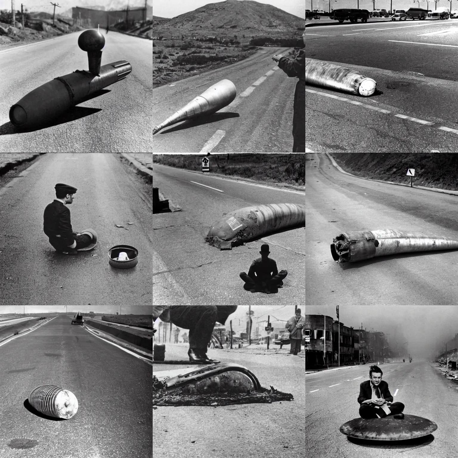 Prompt: photo of an atomic bomb shell in the middle of a road, a man sits on top of it