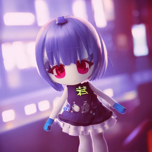 Prompt: cute fumo plush of a girl with prosthetic mechanical arms, blue velvet dress, bokeh, cyberpunk anime girl, vray