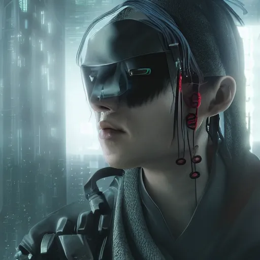 Image similar to cyberpunk samurai in a dytopian future, ultra realistic, fog