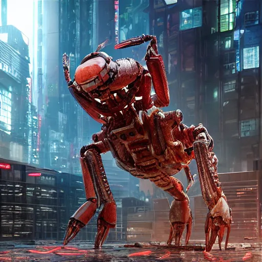 Image similar to a giant robotic shrimp standing in a dystopian city, cyberpunk, dystopian, god, evil, villain, sharp focus, dynamic lights, still, photograph, hyper realistic, masterpiece, digital, octane render, rendered, 3 d, blender, 3 d software, cinematic, cinematic lighting, dramatic lighting, dramatic, highly detailed, intricate details, texture, slime, cinematic composition