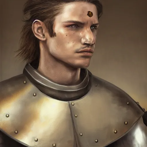 Prompt: realistic painting character portrait young scarred captain knight with a steel breastplate, short brown hair and stubble. straight nose, brown eyes, lean face and build. fighting with a longsword, no helmet. hyper detailed