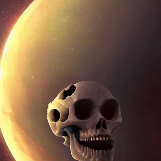 Prompt: a planet that resembles a skull, stars in the background, natural, ultra detail. digital painting, beautiful, concept art, ethereal, cinematic, epic, 8k, high detail, Artstation, illustration, Trending on Artstation, Artstation HQ, Artstation HD, deviant art, Pinterest, digital art,