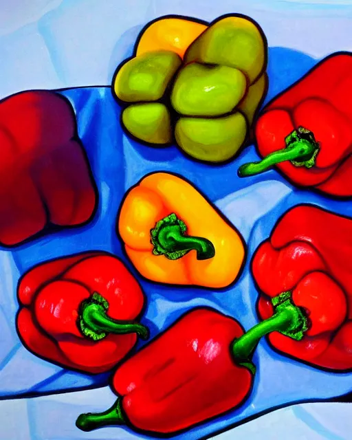 Prompt: peppers painted by Michael Godard, mustang