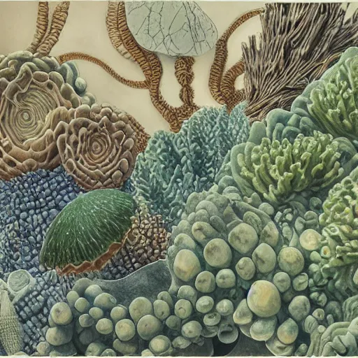 Image similar to delicate coast sea garden on paper, spirals, stony, puffy, vines, botanical herbarium, botanic watercolors, iridescent, 8 k wide angle, realistic shaded, fine details, artstation, italian, rainbow, colonnade, oak, pinecone, pomegranade, vines, gardena architecture, pompeian, sicilian