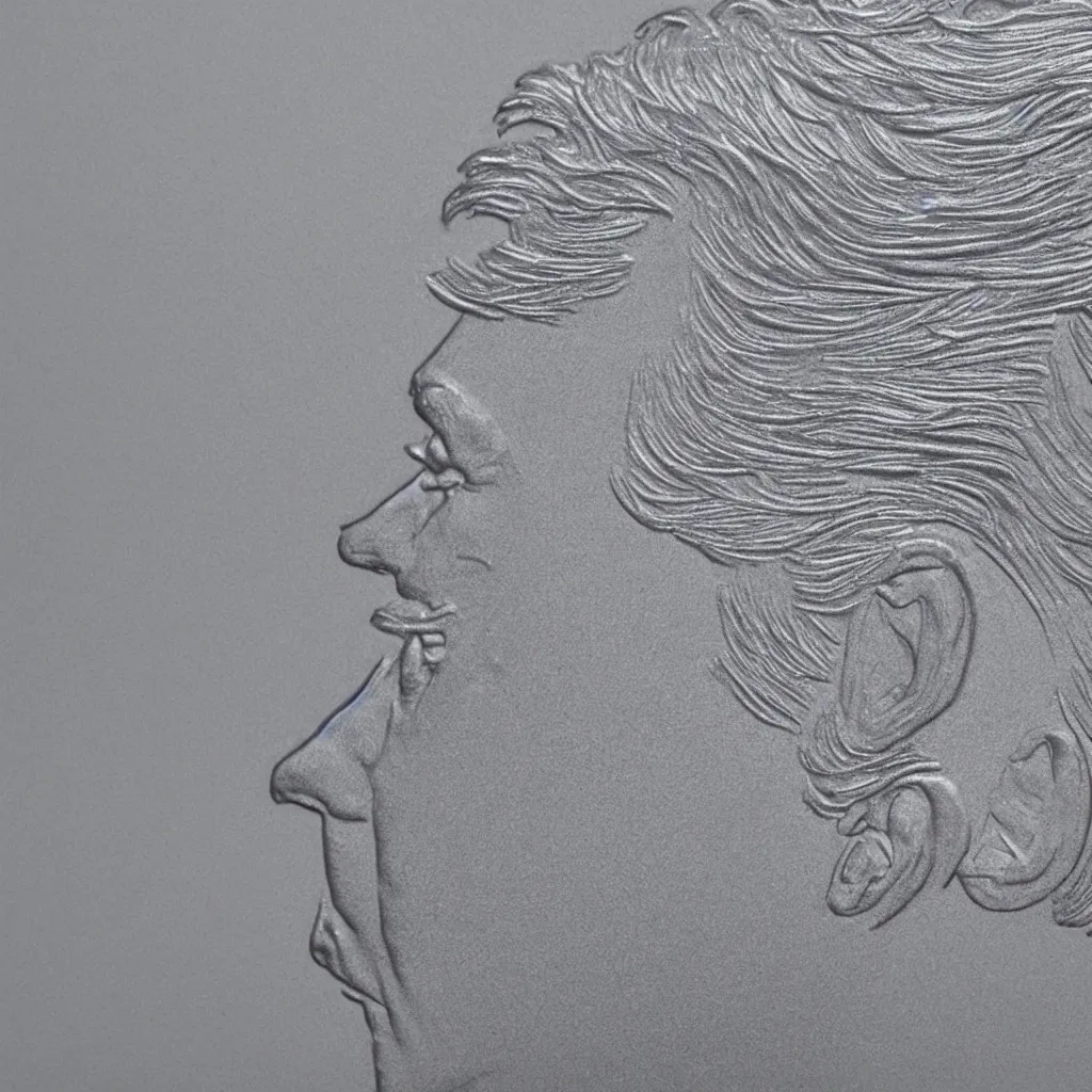 Image similar to Donald Trumps profile on a silver coin, photorealistic