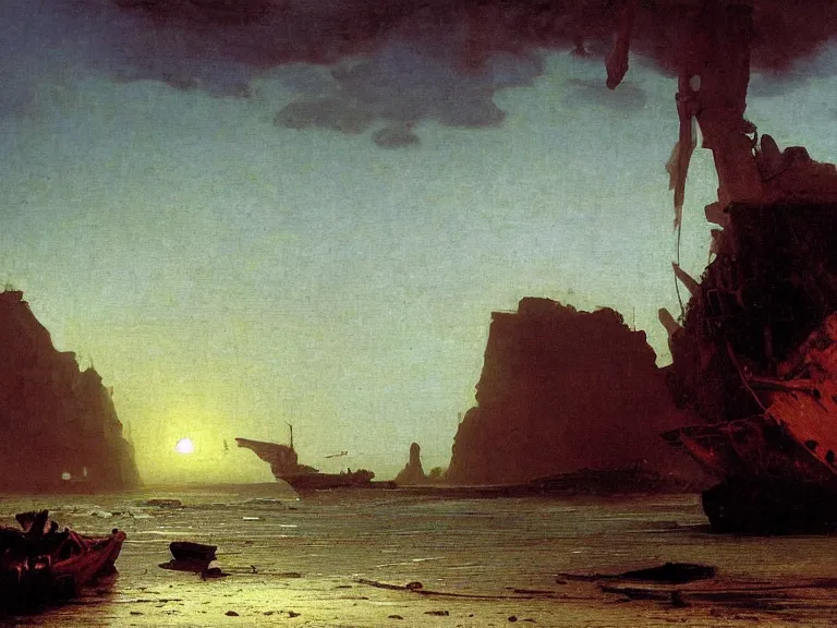 Image similar to an oil painting of a coastline at dawn, with an old shipwreck on a serene beach, beautiful sky by beksinski carl spitzweg and tuomas korpi. baroque elements, full-length view. baroque element. intricate artwork by caravaggio. Trending on artstation. 8k