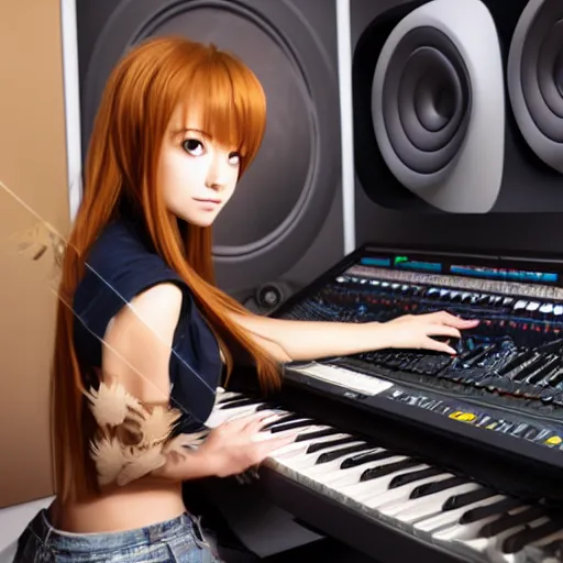 Prompt: nice anime babe in music studio, realistic