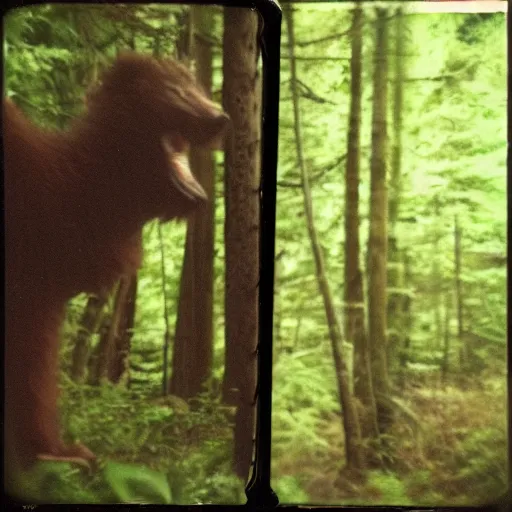 Image similar to polaroid of cryptid in the woods, blurry