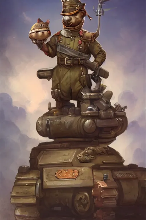 Image similar to cute little anthropomorphic Guinea Pig Tank driver standing next to its tank, tiny, small, short, Tank driver outfit, cute and adorable, pretty, beautiful, DnD character art portrait, matte fantasy painting, DeviantArt Artstation, by Jason Felix by Steve Argyle by Tyler Jacobson by Peter Mohrbacher, cinematic lighting