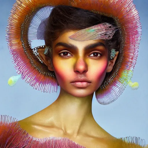 Prompt: a medium shot of a brown woman wearing a luminous armor made of neon jelly fishes. jellyfish eyes. soft lighting. layered. textured. fragile. piercing eyes!! coherent face!! no makeup!! muted colors. by ray caesar. by louise dahl - wolfe. by andrea kowch. surreal photography