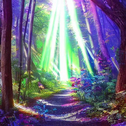 Prompt: beams of light shine through the forest canopy down onto the path below; intricately detailed digital art, vibrant colors, incredible use of light, reflections, and shadows