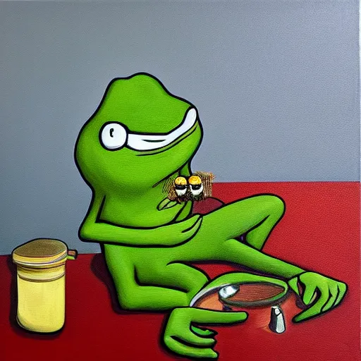 Image similar to pepe frog eating honey, surrealism, oil and acrylic on canvas, high detail