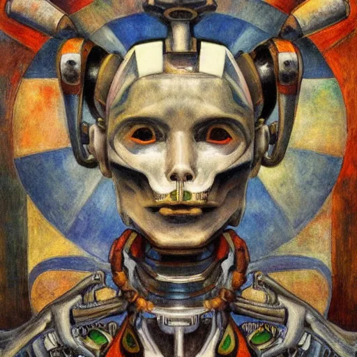 Image similar to the robot wearing the bone crown, by Annie Swynnerton and Diego Rivera, symbolist, dramatic lighting, elaborate geometric ornament, Art Brut ,god rays, soft cool colors,smooth, sharp focus, extremely detailed, Adolf Wölfli