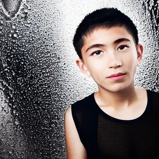 Prompt: full-shot portrait of a boy wearing a transparent mesh tanktop in the rain Detailed face. photo 8K