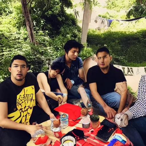 Image similar to one mexican woman 2 4 years old, one chinese man, one romanian man, one mexican man, one light skin black man, hanging out in a backyard in the city, peaking on mdma, actual photo