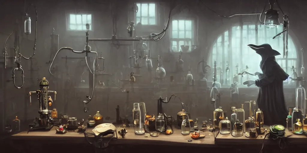 Prompt: a plague doctor and a humanoid rat in a laboratory with lots of flasks filled with magic liquids and poisonous fog, stephen bliss, unreal engine, fantasy art by greg rutkowski, loish, rhads, ferdinand knab, ilya kuvshinov, rossdraws, tom bagshaw, global illumination, radiant soft light, detailed and intricate environment