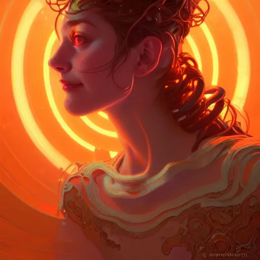 Image similar to Portrait of a polymorphic girl surrounded by glowing nodes, face, fantasy, intricate, elegant, highly detailed, digital painting, artstation, concept art, smooth, sharp focus, illustration, art by Jesper Ejsing and Fernanda Suarez and Artem Demura and alphonse mucha