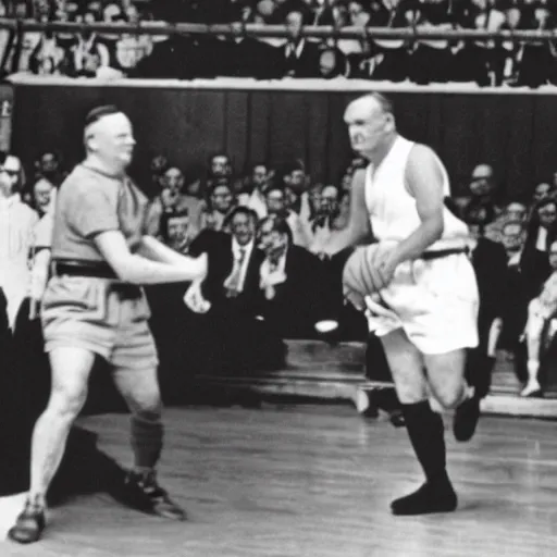 Prompt: Winston Churchill playing basketball against Adolf Hitler, old black and white footage, realistic, historical picture