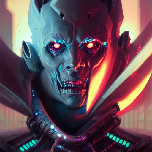 Image similar to a portrait of a demonic cybernetic duke of hell, cyberpunk concept art by pete mohrbacher and wlop and artgerm and josan gonzales, digital art, highly detailed, intricate, sci-fi, sharp focus, Trending on Artstation HQ, deviantart, unreal engine 5, 4K UHD image