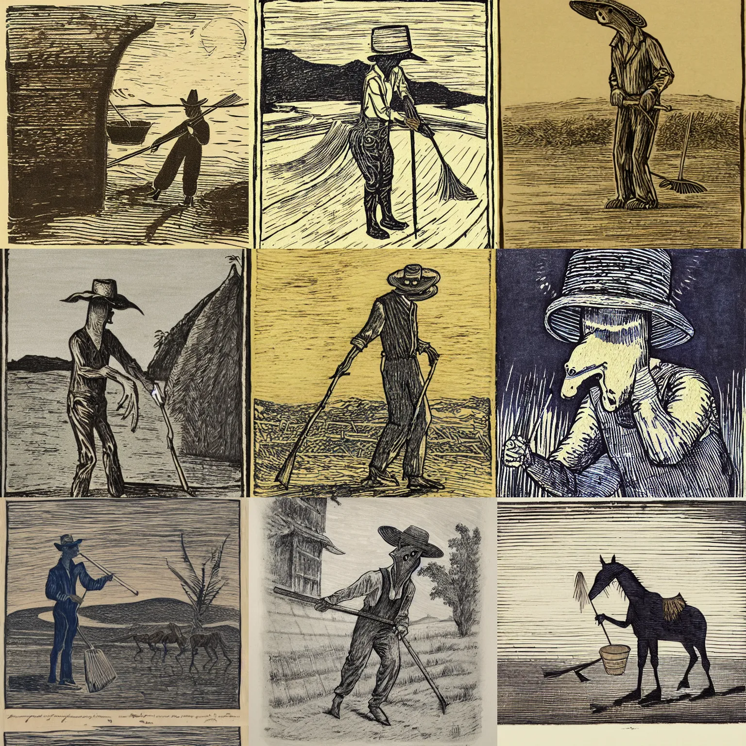 Prompt: tonalist woodcut of elongated horse - faced humanoid creature with frog hands, wearing a straw hat and overalls, using a spade, golden hour, expressive linework, crosshatching, grisaille, cobalt blue and ochre watercolor wash