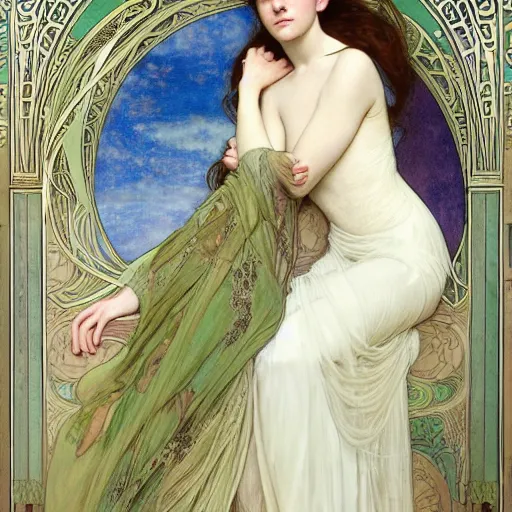 Prompt: a detailed, intricate art nouveau portrait painting of a girl who resembles 1 8 - year - old saoirse ronan and emma watson in a white satin gown, by alphonse mucha, donato giancola, and john william waterhouse