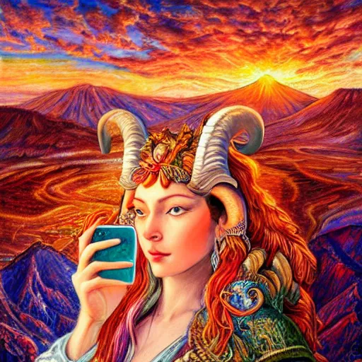 Image similar to painting by senior concept artist josephine wall, horned ram goddess checking her cell phone, erupting volcano and sunset in distance in background, flowers in foreground, trending on artstation, zodiac, fantasy, acrylic on canvas, intricately detailed, highly detailed, high resolution, 8 k,