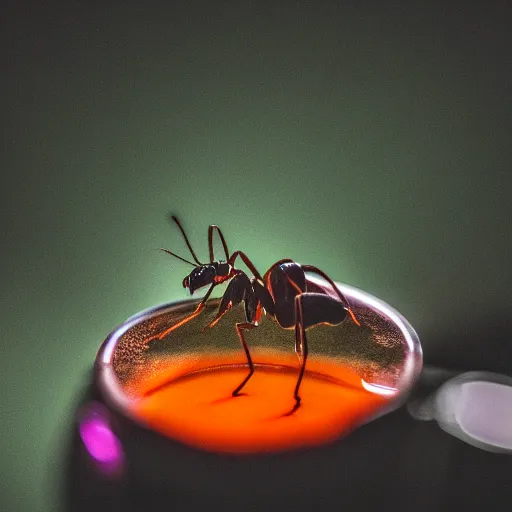 Prompt: Macro shot of an ant overlooking a cup of juice, photography, cinematic lighting