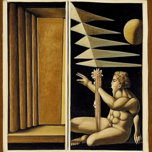 Image similar to a parade of disconnected images : a greek god in formal clothes, obscure corners of nameless interiors, astronomical diagrams projecting the distances between celestial bodies, a painting by giorgio de chirico, a list of unpopular anagrams.