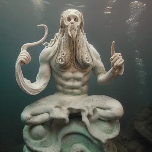 Prompt: illithid, eldritch, ancient marble statue, underwater photography