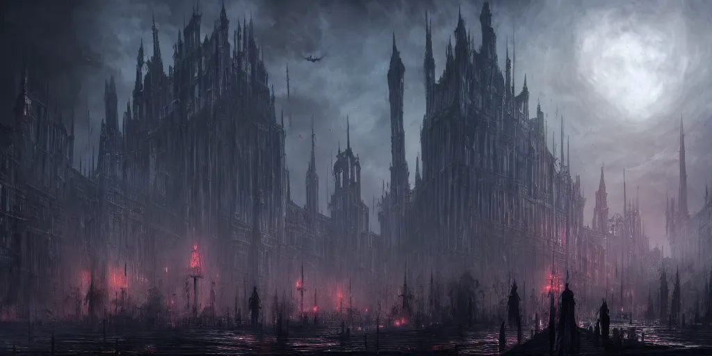 Prompt: a huge megacity in the style of bloodborne, dark souls, demon souls, gothic art, dark fantasy, concept art, digital painting, volumetric lighting, trending on art station, night time, moon light, god rays, highly detailed