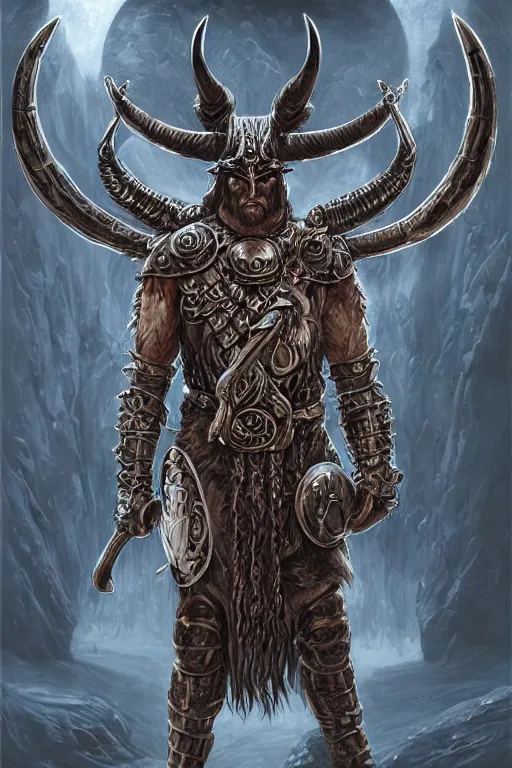 Image similar to full body concept art of viking man wear baphomet armor made with porcelain by Jeff Easley and Peter Elson + beautiful eyes, beautiful face + symmetry face + galaxy + gothic, surreal, dread + highly detailed, intricate complexity, epic composition, magical atmosphere + masterpiece, award winning + trending on artstation