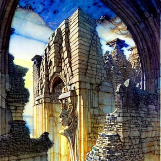 Prompt: an epic painting by alan lee, rebecca guay, michael kaluta and charles vess of a massive city constructed of ancient stone of impossible architecture floating in the astral plane