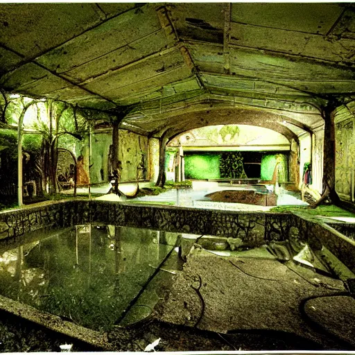 Prompt: the Playboy mansion's grotto abandoned, the pool is drained and covered with algae and weeds growing through cracks, the heat is oppressive. Lomo style.