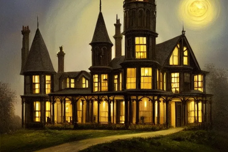 Prompt: a beautiful painting of a victorian house with bay windows, and a tower at night, very detailed by samuel and joseph newsom, harry potter