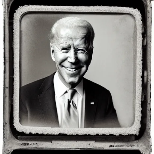 Prompt: joebiden!!! humanoid. daguerreotype portrait photograph. inspired by gerard grom and ansel adams. beautiful. cute. happy. highly detailed. old timey.