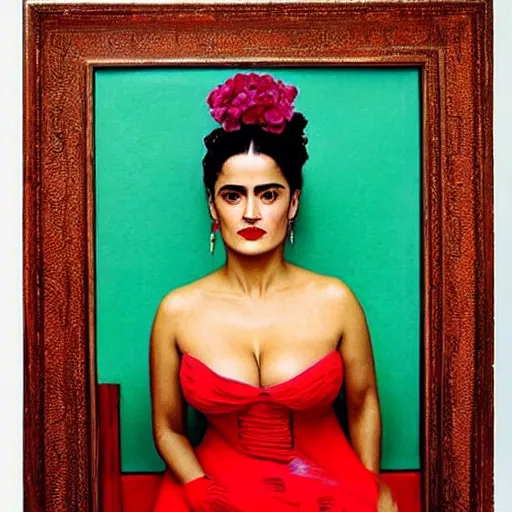 Prompt: salma hayek portrait, style by frida kahlo, art deco, portrait,