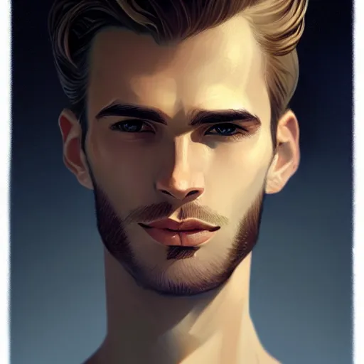 Prompt: tall man in his twenties with brown blond short quiff hair and round facial structure with cleft chin, straight eyebrows, slightly smiling, cheekbones, wide face, shadow of beard, atmospheric lighting, painted, intricate, 4 k, highly detailed by charlie bowater