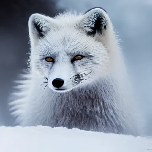 Prompt: a beautiful photo of an arctic fox on mountain hyper realistic natural light concept art cozy atmospheric and cinematic lighting