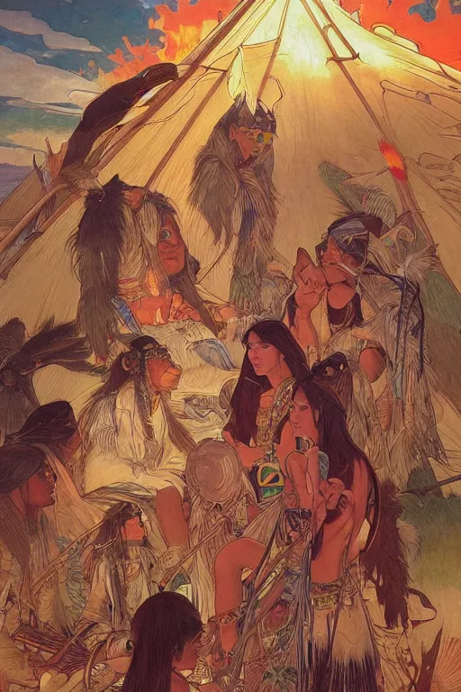 Prompt: serene scene of native americans around a fire in front of a tipi, by artgerm and yoshitaka amano and moebius and alphonse mucha, hyperdetailed, dc comics, ornate, nebula, explosions in the sky, trending on artstation