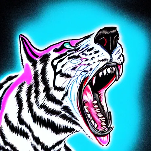 Image similar to drawing of blue tiger head growling looking to the right with hot pink lightning bolt shooting out of its eye to the left