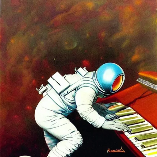 Image similar to astronaut playing keyboard by frank frazetta