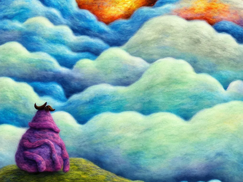 Image similar to A Mumintroll character in shape of wool felting amazing clouds, illustration by Birutė Demkutė, book cover, colorful background with mountains, 8k resolution, ultra detailed, matte painting, tarot card style, character design, watercolor detailed art