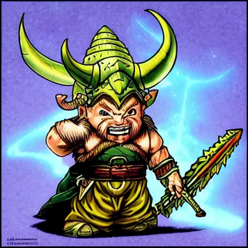 Image similar to “dnd dwarf with horned helmet, by akira toriyama, full of colors”