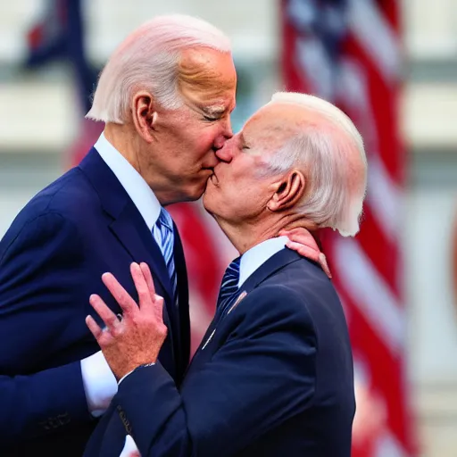 Prompt: joe biden kissing joe biden on his forehead, lovely, ultrarealistic