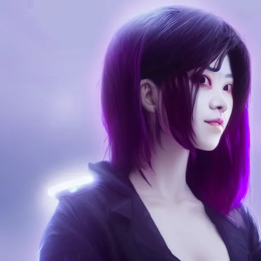 Prompt: Close up portrait of a young Asian Cyberpunk woman with dark purple hair, she's wearing a filter mask, hyperdetailed, artstation, cgsociety, 8k