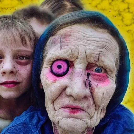 Image similar to selfie of the last surviving ukrainian with children with evil faces, wild pain and damage to the body burns alive to the bone, painted in dirty yellow - blue colors, a huge nuclear explosion is approaching in the background, a very detailed photo