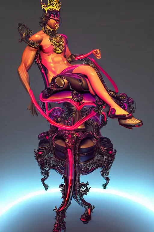 Image similar to full-body rococo and cyberpunk style neon statue of a muscular attractive Cubano sim roupa macho dotado e rico android sim roupa reclining con las piernas abiertas e la piroca dura e afuera, glowing red laser eyes, prince crown of red gears, diamonds, swirling black-colored silk fabric. futuristic elements. full-length view. aggressive space robots. giant balloon animals. human skulls. intricate artwork by caravaggio. Trending on artstation, octane render, cinematic lighting from the right, hyper realism, octane render, 8k, depth of field, 3D