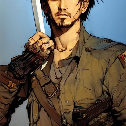 Image similar to portrait of a hero holding his sword in front of his face by yoji shinkawa, high quality, extra details, realism, ornate, colored, golden chain, blood, white skin, short hair, brown eyes, vivid, sunlight, dynamic, american man, freedom, white american soldier, painting, hidden face, twin snakes